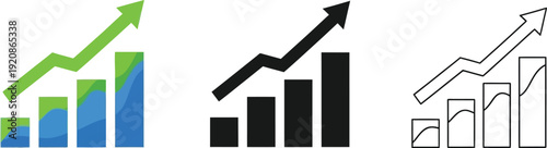 Business growth bar chart icons with upward arrow representing financial success, profit increase, and market trends in flat, solid, and outline styles for professional presentations and apps.