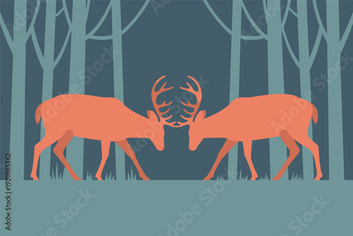 Two deer with antlers locked in a fierce battle in a forest