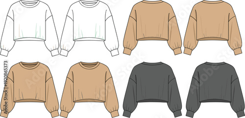 Women cropped sweatshirt mockup set, long sleeve pullover front and back views isolated fashion template design