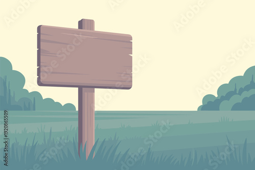 Blank wooden sign in serene landscape