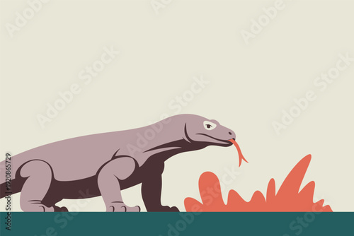 Vibrant dinosaur standing on green land with red plant
