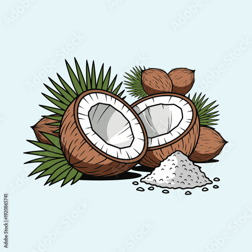 Illustration of halved coconuts, whole coconuts, shredded coconut, and palm fronds, showcasing the versatility of the tropical fruit.