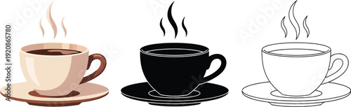 Coffee cup and saucer vector set with steam in three styles including flat color, solid black silhouette, and thin line art icons isolated on white background for cafe branding and menus