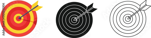 Target with arrow icons in flat color silhouette and line art styles for business success goal achievement marketing accuracy and precision isolated vector set