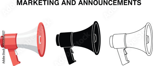 Megaphone Icons Set for Marketing and Announcements in Flat Silhouette and Outline Styles Isolated Bullhorn Vector Symbols for Digital Advertising and Communication Promotion