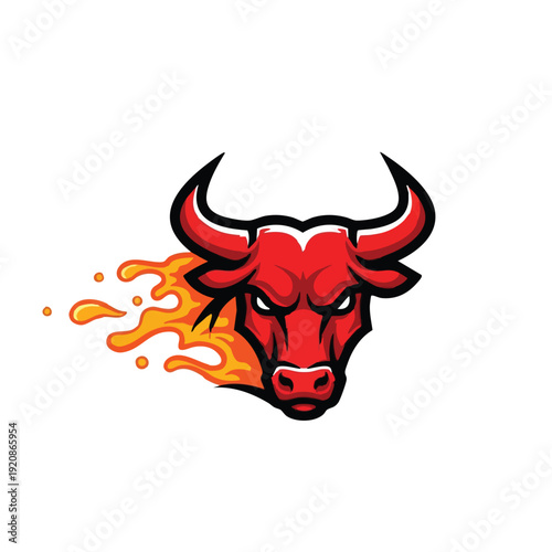 Fiery red bull head with flames bursting from its mane, powerful and aggressive, concept of speed and strength, sports mascot, vector illustration