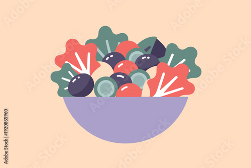 Fresh salad bowl with olives and vegetables on a clean background