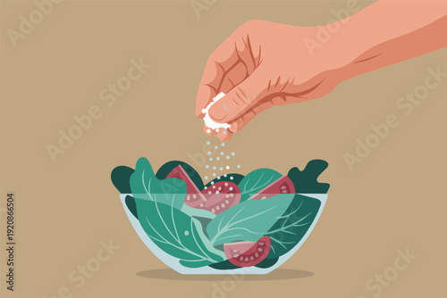 Hand sprinkling salt over fresh salad with vibrant greens and juicy tomatoes
