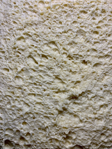 Close-up macro of fresh yeast dough with visible air bubbles and porous texture. Natural beige dough surface during fermentation. Abstract food background with organic pattern, baking process detail.