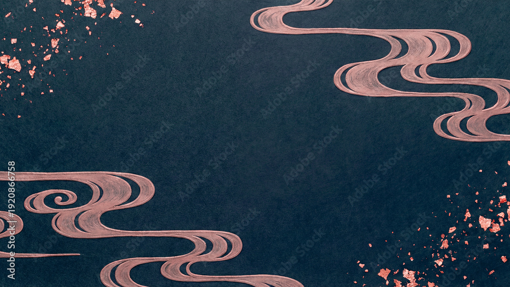 Fototapeta premium 深い紺色の背景に、金色の雲や波の文様がきらきらと輝く和風のグラフィックです。散りばめられた金箔がなめらかで上品な質感を演出しています。お祝い事などのシーンで、未来への繁栄や希望、調和のメッセージを伝える素材としてご活用いただけます。