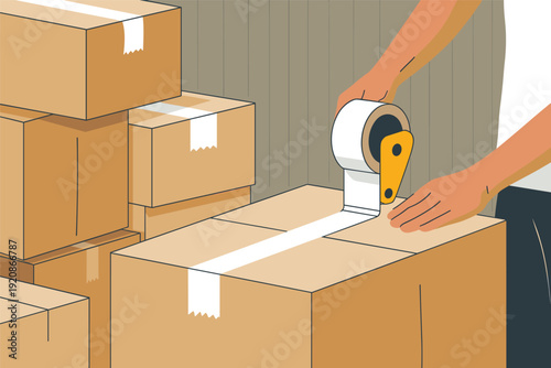 Person sealing cardboard box with packing tape in warehouse