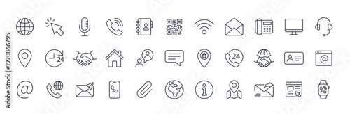 Contact line icon set. Phone email info stroke symbol vector. Outline address location clock news social icon