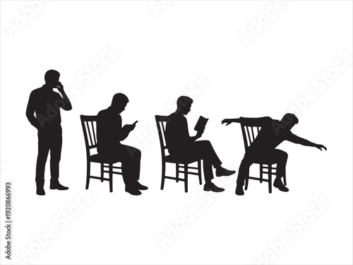 Silhouettes of  business people in different poses and actions on white men. Business People Different Actions Silhouette Set

