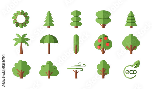 Minimal Flat Tree Icons Vector Pack for Environmental, Landscape and Wellness Illustration