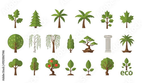 Flat Tree Icon Collection Vector Set for Nature, Sustainability and Healthy Lifestyle Design