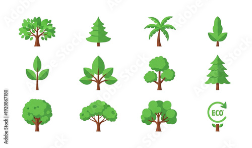 Modern Flat Tree Vector Icon Set for Nature, Eco Branding and Healthy Lifestyle Concepts