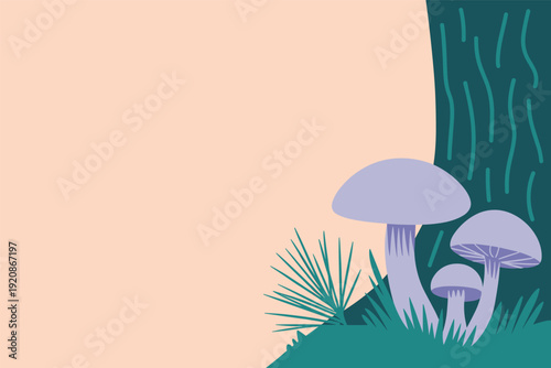 Vibrant purple mushrooms growing near tree trunk in lush green forest
