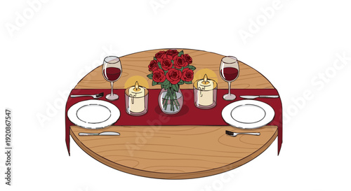 Romantic candlelit dinner table for two with red wine and roses illustration.