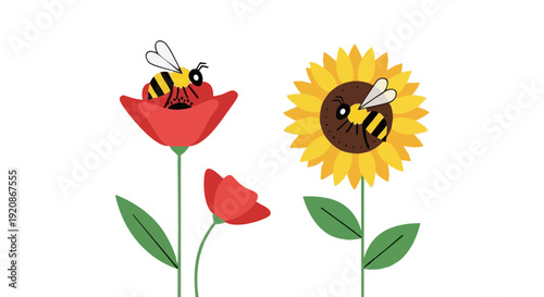 Cute cartoon bees on a sunflower and red flower. Vector illustration on a black background with copy space for a banner.