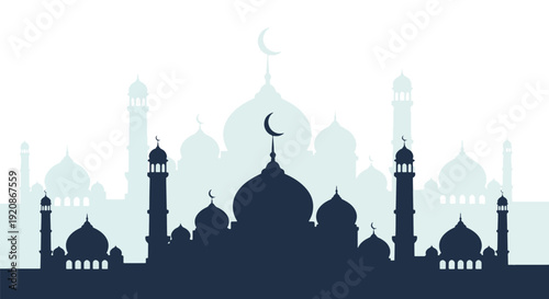 A dark silhouette of a mosque with a crescent moon on top of the dome and tall minarets against a light background, evoking a sense of peace and spirituality. Islamic Background