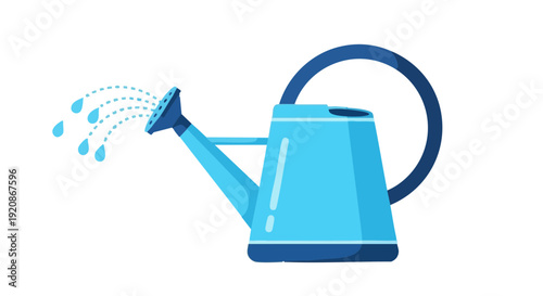 Watering can sprinkling water drops. Blue vector graphic illustration isolated on black background.
