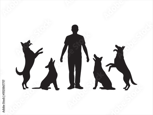 Man training dogs silhouette vector, silhouette of a man training dogs, Dog Trainer with Sitting Dogs Silhouette vector illustration