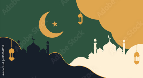 A serene Islamic-themed design featuring a crescent moon, star, mosque silhouettes, and lanterns against a contrasting green and gold backdrop, evoking a sense of peace and spirituality. Islamic Backg