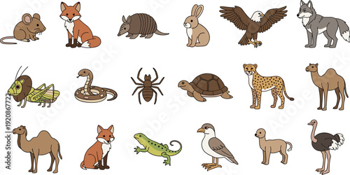 Cute Desert and Forest Animals Cartoon Set with Fox Camel Eagle Cheetah Turtle and Wolf