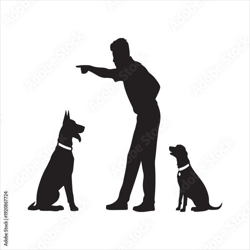 Silhouette of men dog trainer giving command to group of dog in sitting position. Dog Trainer Giving Command to Sitting Dogs Silhouette
