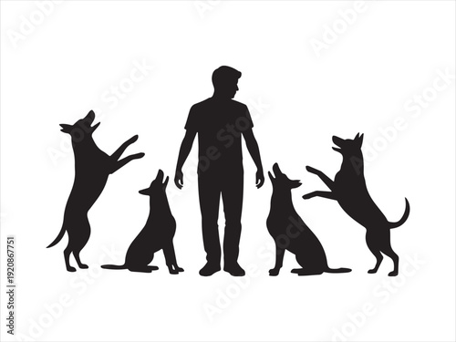 Man training dogs silhouette vector, silhouette of a man training dogs, Dog Trainer with Sitting Dogs Silhouette vector illustration