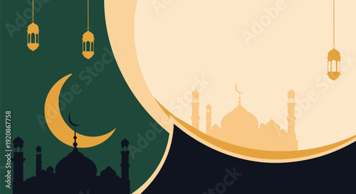 A serene Ramadan background featuring a silhouette of a mosque, a golden crescent moon, and hanging lanterns against a two-tone backdrop, perfect for festive greetings. Islamic Background