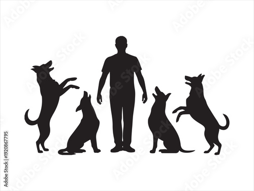 Man training dogs silhouette vector, silhouette of a man training dogs, Dog Trainer with Sitting Dogs Silhouette vector illustration