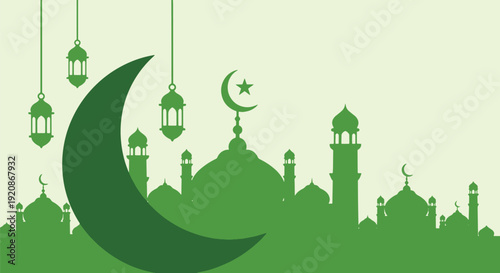 A green silhouette depicts a mosque with a crescent moon and hanging lanterns, symbolizing Islamic themes and celebrations. Islamic Background