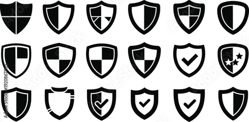 Shield Icons with Stars, Checkered Patterns, and Checkmarks