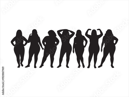 Curvy Women Body Positive Silhouette Collection. 
Black silhouette vector of curvy plus size women vector illustration