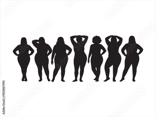 Curvy Women Body Positive Silhouette Collection. 
Black silhouette vector of curvy plus size women vector illustration