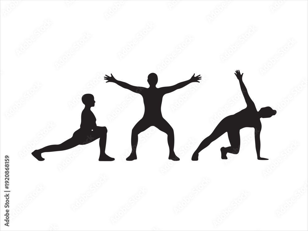 Fototapeta premium International Yoga Day silhouette icon set, yoga poses and leaf, black silhouette style vector illustration