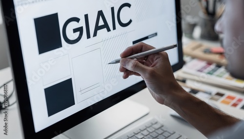 Focused view on a creative professional using a stylus to tweak a headline on a large monitor the typography and stylus in sharp detail with background tools and materials softly