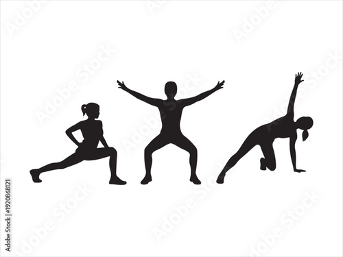 International Yoga Day silhouette icon set, yoga poses and leaf, black silhouette style vector illustration