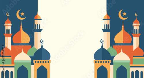A vibrant illustration featuring mosques with crescent moons and stars, perfect for Eid Mubarak celebrations and Islamic-themed designs. Islamic Background