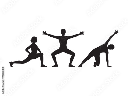 International Yoga Day silhouette icon set, yoga poses and leaf, black silhouette style vector illustration