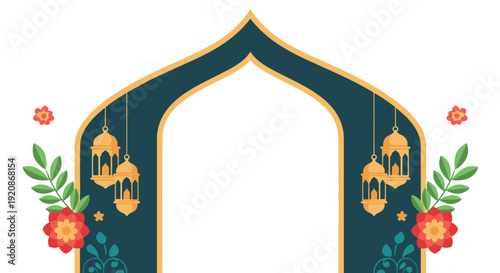 A decorative Islamic archway adorned with floral arrangements and hanging lanterns, perfect for festive celebrations and cultural events. Islamic Background