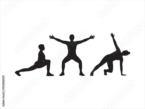 International Yoga Day silhouette icon set, yoga poses and leaf, black silhouette style vector illustration