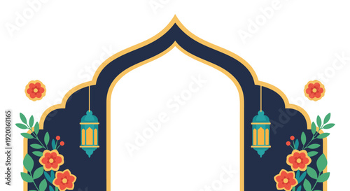 A beautifully designed Islamic archway adorned with vibrant flowers and hanging lanterns, perfect for Ramadan celebrations and cultural designs. Islamic Background