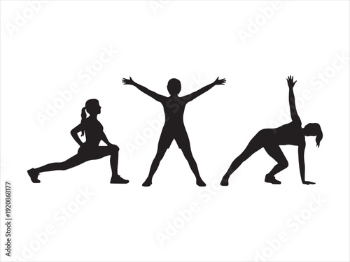 International Yoga Day silhouette icon set, yoga poses and leaf, black silhouette style vector illustration
