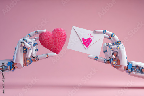 Robotic Hands Exchanging Heart Envelope on Pink Background