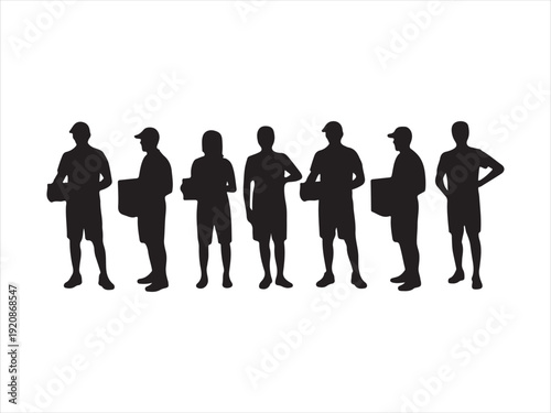 Delivery worker silhouettes carrying boxes including walking and standing poses for logistics shipping and moving service design vector isolated on white background.
