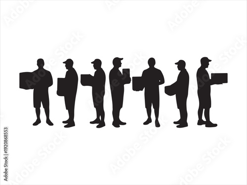 Delivery worker silhouettes carrying boxes including walking and standing poses for logistics shipping and moving service design vector isolated on white background.