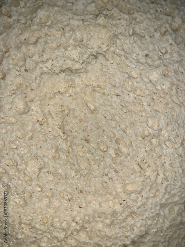 Close-up macro of fresh yeast dough with visible air bubbles and porous texture. Natural beige dough surface during fermentation. Abstract food background with organic pattern, baking process detail.