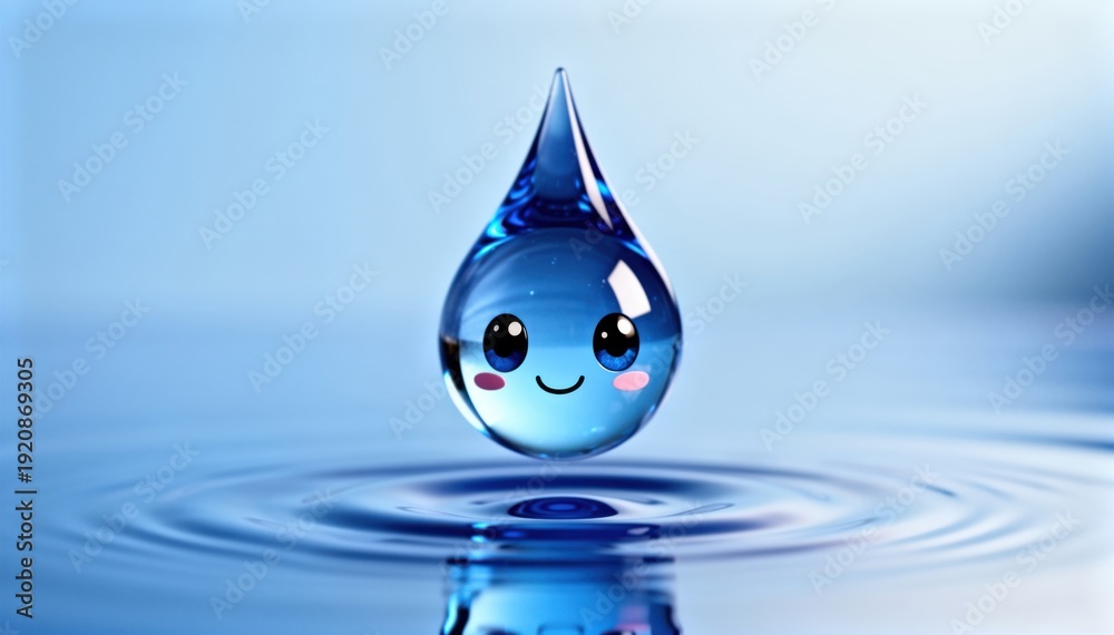 Fototapeta premium Water Drop's Playful Journey: A cheerful water drop with a cute smiling face ripples gently, symbolizing freshness and purity, set against a calming blue backdrop.